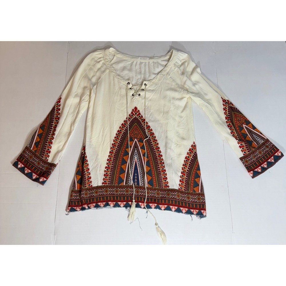 Blu Pepper Boho Embroidered Tunic Top Tribal Print Peasant Small Flowy - Picture 3 of 10